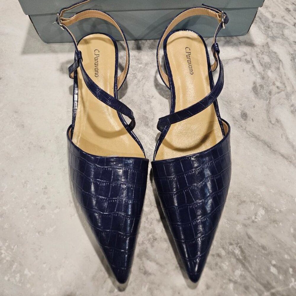 C. Paravano Navy Croc Slingback Flats 40.5 NIB